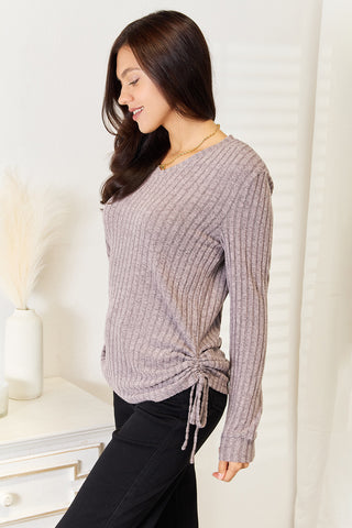 Double Take Drawstring Ribbed Long Sleeve T-Shirt Trendsi