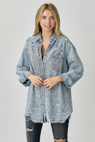 RISEN Distressed Raw Hem Denim Shirt Trendsi