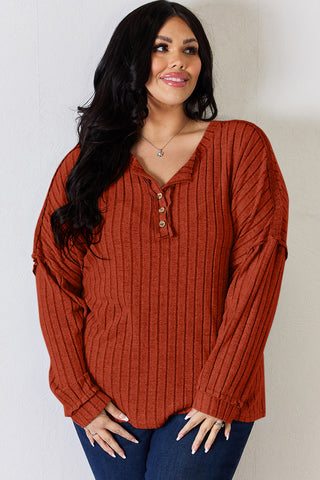 Basic Bae Full Size Ribbed Half Button Long Sleeve T-Shirt Trendsi