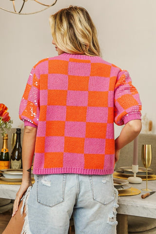 BiBi Checkered Short Sleeve Sequin Sweater Trendsi