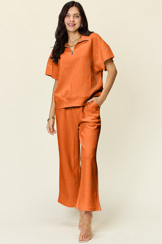 Double Take Full Size Texture Half Zip Short Sleeve Top and Pants Set Trendsi