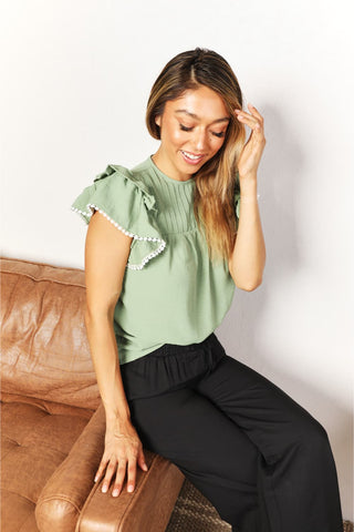 Perfee Pleated Detail Flutter Sleeve Blouse Trendsi