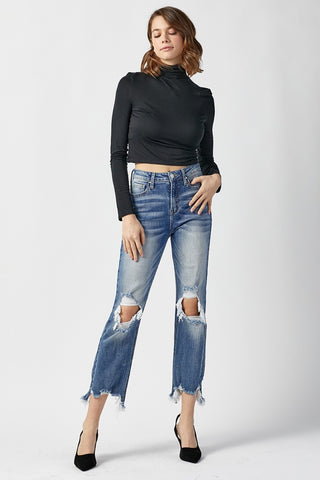 RISEN High Waist Distressed Frayed Hem Cropped Straight Jeans Trendsi