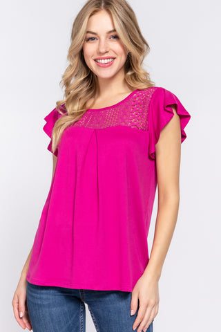 ACTIVE BASIC Ruffle Short Sleeve Lace Detail Knit Top Trendsi