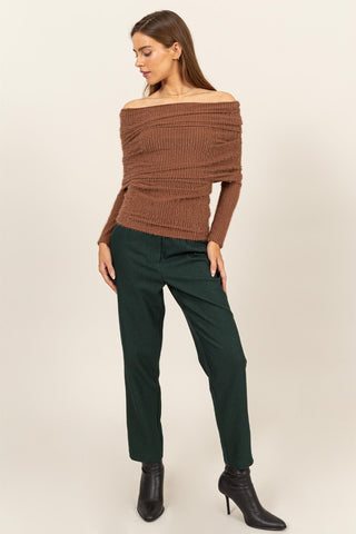 HYFVE Fuzzy Off Shoulder Textured Knit Top Trendsi