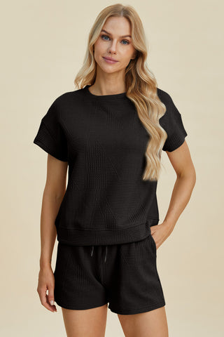 Double Take Full Size Texture Short Sleeve Top and Shorts Set Trendsi