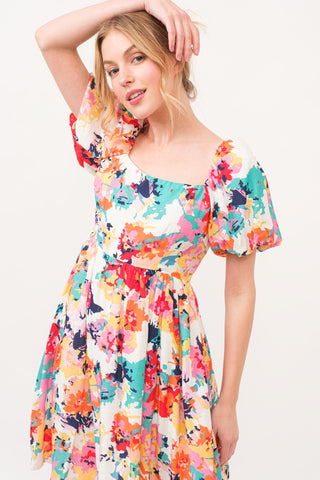 And The Why Square Neck Puff Sleeve Floral Dress Trendsi