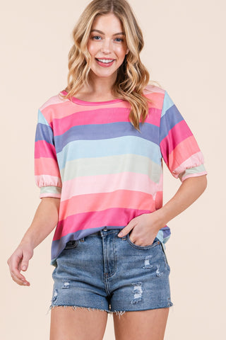 BOMBOM Striped Round Neck Half Sleeve T-Shirt Trendsi