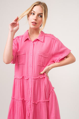 And The Why Full Size Raw Edge Washed Tiered Shirt Dress Trendsi