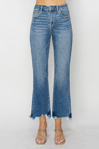 RISEN High Waist Raw Hem Flare Jeans Trendsi