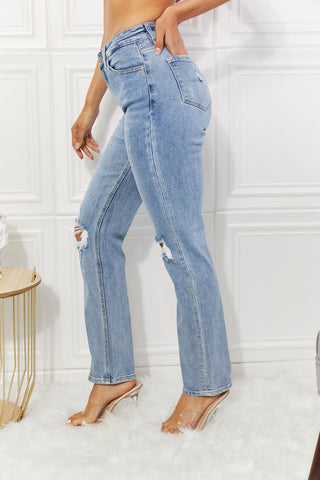 Kancan High Rise Distressed Slim Straight Jeans Trendsi