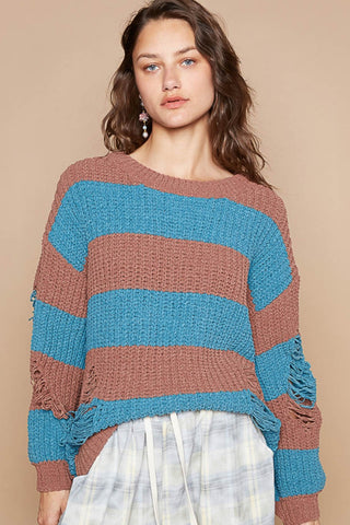 POL Striped Distressed Long Sleeve Sweater Trendsi