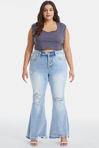 BAYEAS Full Size Distressed Raw Hem High Waist Flare Jeans Trendsi