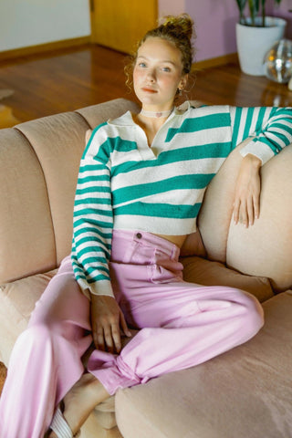 HYFVE Striped Long Sleeve Cropped Knit Top Trendsi