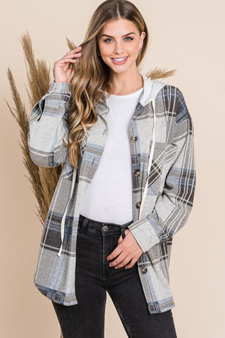 Reborn J Plaid Button Up Drawstring Hooded Jacket Trendsi