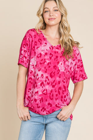 BOMBOM Leopard V-Neck Short Sleeve T-Shirt Trendsi