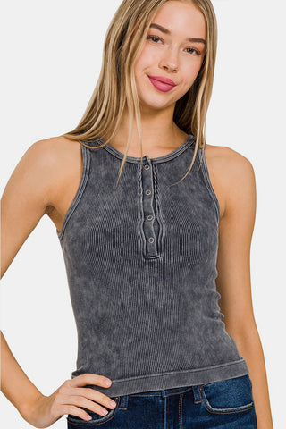 Zenana Washed Ribbed Half Snap Seamless Tank Trendsi