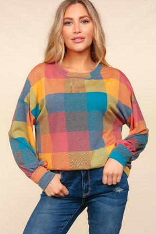 Haptics Round Neck Color Block Plaid Top Trendsi