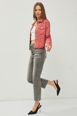 RISEN Raw Hem Button Up Cropped Denim Jacket Trendsi