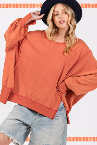 SAGE + FIG Mineral Wash Side Slit Oversized Sweatshirt Trendsi