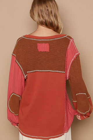 POL V-Neck Knit Panel Exposed Seam Top Trendsi