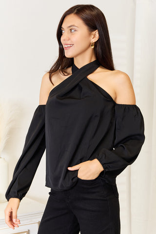 Perfee Grecian Cold Shoulder Long Sleeve Blouse Trendsi