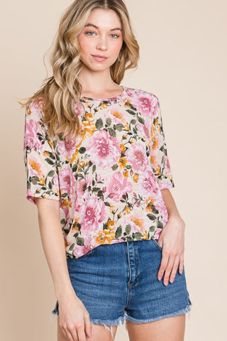 BOMBOM Floral Round Neck T-Shirt Trendsi