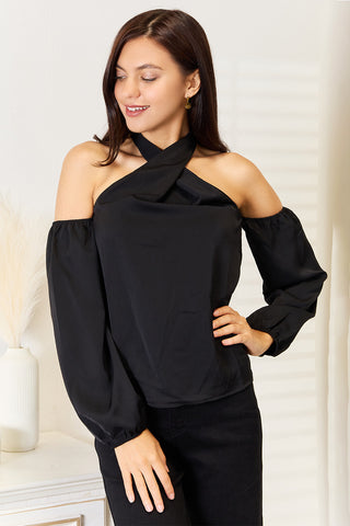 Perfee Grecian Cold Shoulder Long Sleeve Blouse Trendsi