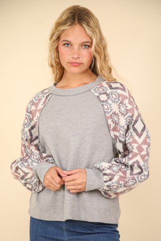 VERY J Printed Long Sleeve Round Neck Knit Top Trendsi