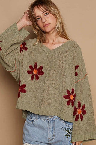 POL V-Neck Floral Pattern Chenille Sweater Trendsi