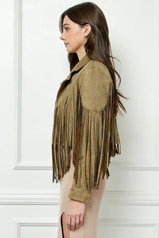 Veveret Suede Fringe Long Sleeve Moto Jacket Trendsi