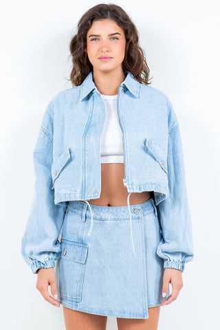 American Bazi Drawstring Waist Crop Denim Jacket Trendsi