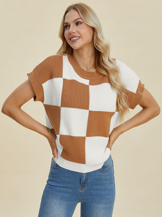 Double Take Full Size Checkered Round Neck Short Sleeve Sweater Trendsi