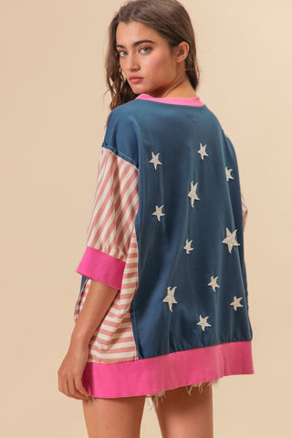 BiBi US Flag Theme Color Block Star Patch T-Shirt Trendsi