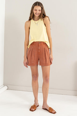 HYFVE High Waist Pleated Linen Shorts Trendsi