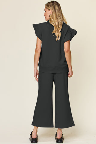 Double Take Texture Ruffle Short Sleeve Top and Drawstring Wide Leg Pants Set Trendsi