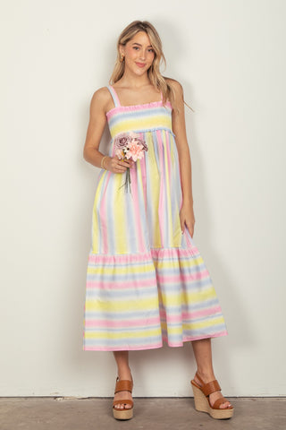 VERY J Striped Woven Smocked Midi Cami Dress Trendsi