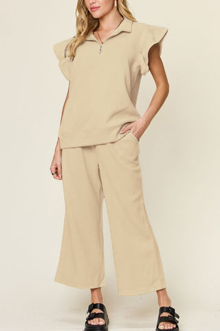 Double Take Texture Ruffle Short Sleeve Top and Drawstring Wide Leg Pants Set Trendsi