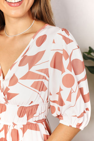 Printed Surplice Balloon Sleeve Dress Trendsi