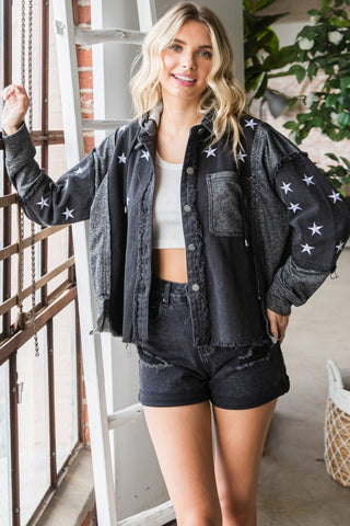 Veveret Star Embroidered Hooded Denim Jacket Trendsi