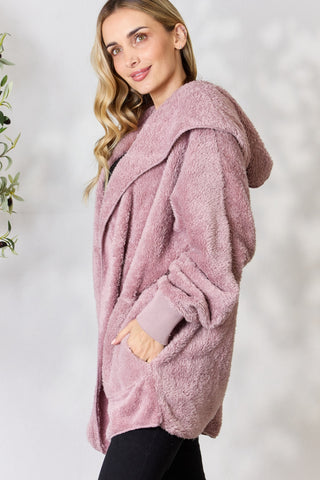 H&T Faux Fur Open Front Hooded Jacket Trendsi