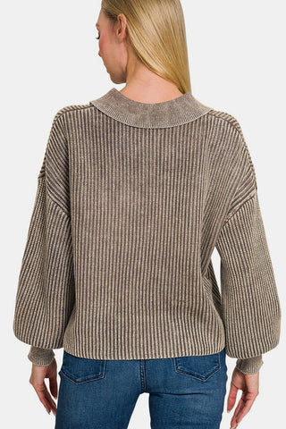 Zenana Washed Half Button Long Sleeve Sweater Trendsi