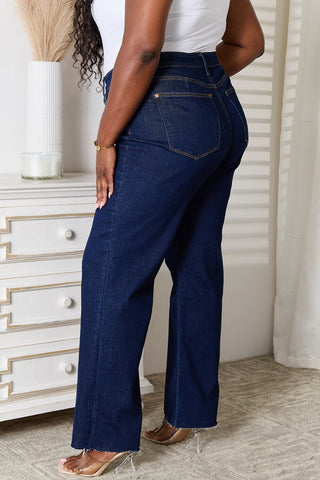 Judy Blue Full Size Raw Hem Straight Leg Jeans with Pockets Trendsi