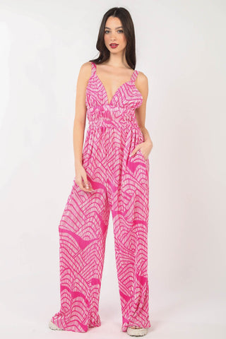 VERY J Printed Pleated Sleeveless Wide Leg Jumpsuit Trendsi