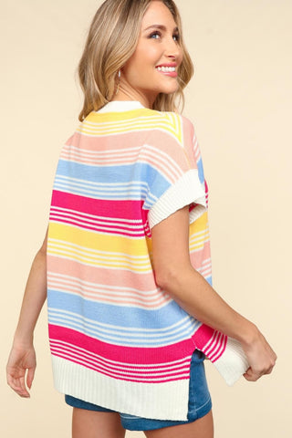 Haptics Striped Side Slit Short Sleeve Knit Top Trendsi