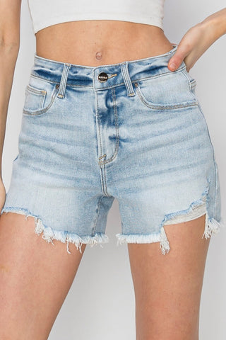 RISEN High Waist Frayed Detail Denim Shorts Trendsi