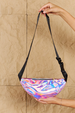 Fame Good Vibrations Holographic Double Zipper Fanny Pack in Hot Pink Trendsi