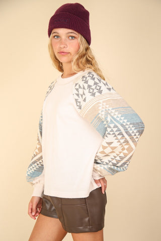 VERY J Printed Long Sleeve Round Neck Knit Top Trendsi