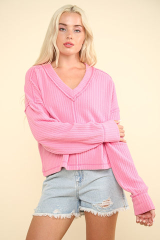 VERY J Exposed Seam V-Neck Ribbed Knit Top Trendsi