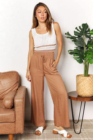 Double Take Drawstring Smocked Waist Wide Leg Pants Trendsi